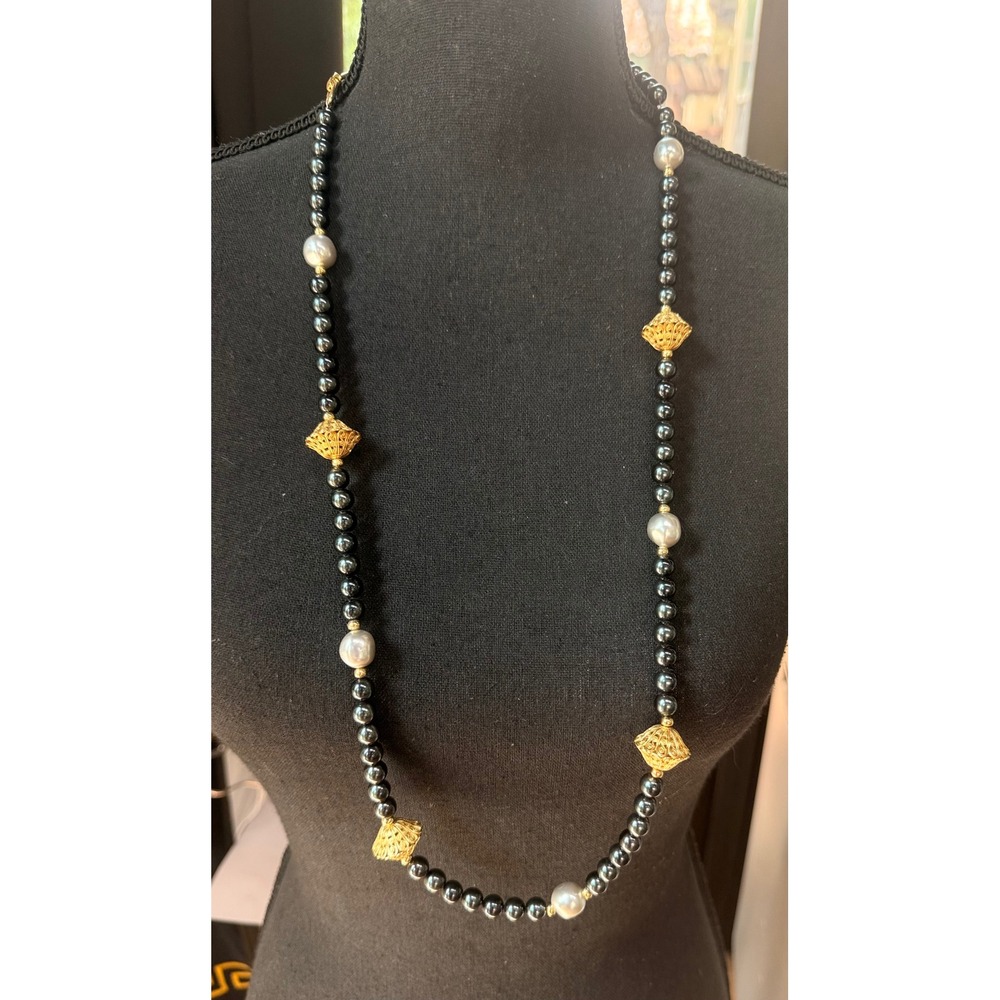 Vintage Napier Necklace Black Glass Faux Pearl Gold Filigree Long